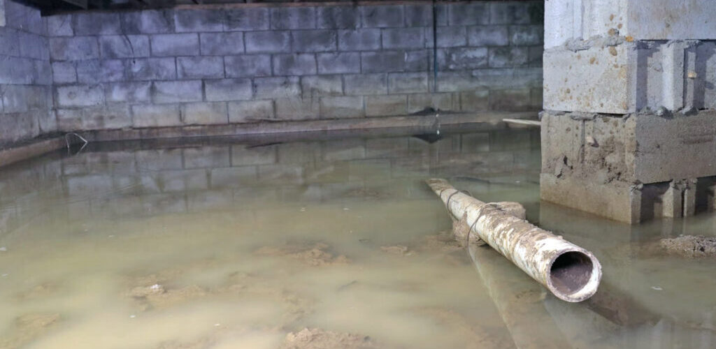 A flooded crawlspace with moisture damage in Southern Oregon