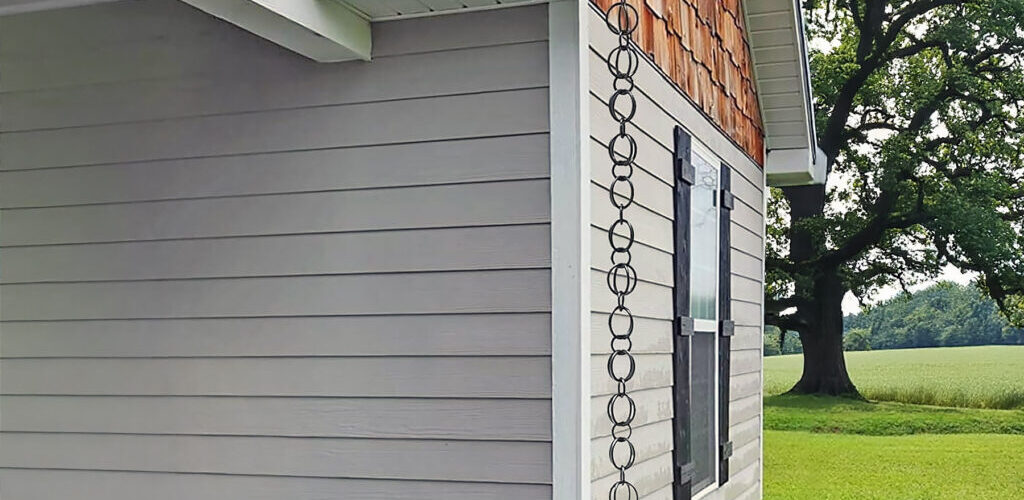 A rain chain instead of a downspout on a house in Southern Oregon
