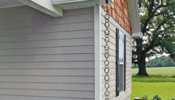 A rain chain instead of a downspout on a house in Southern Oregon