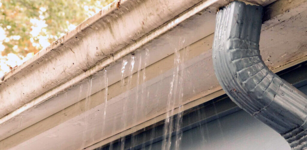A clogged gutter on a home in Southern Oregon