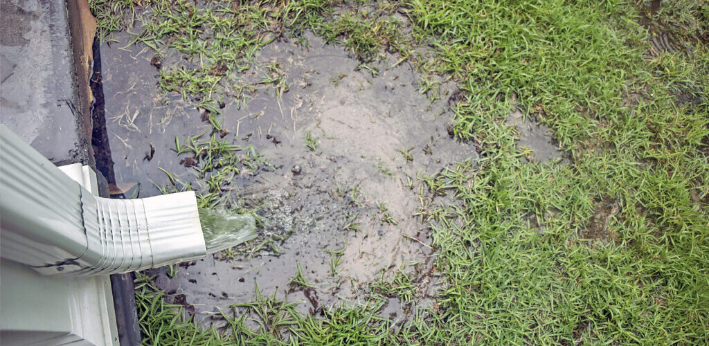 A pool of water at the base of a house indicating a grading or gutter problem